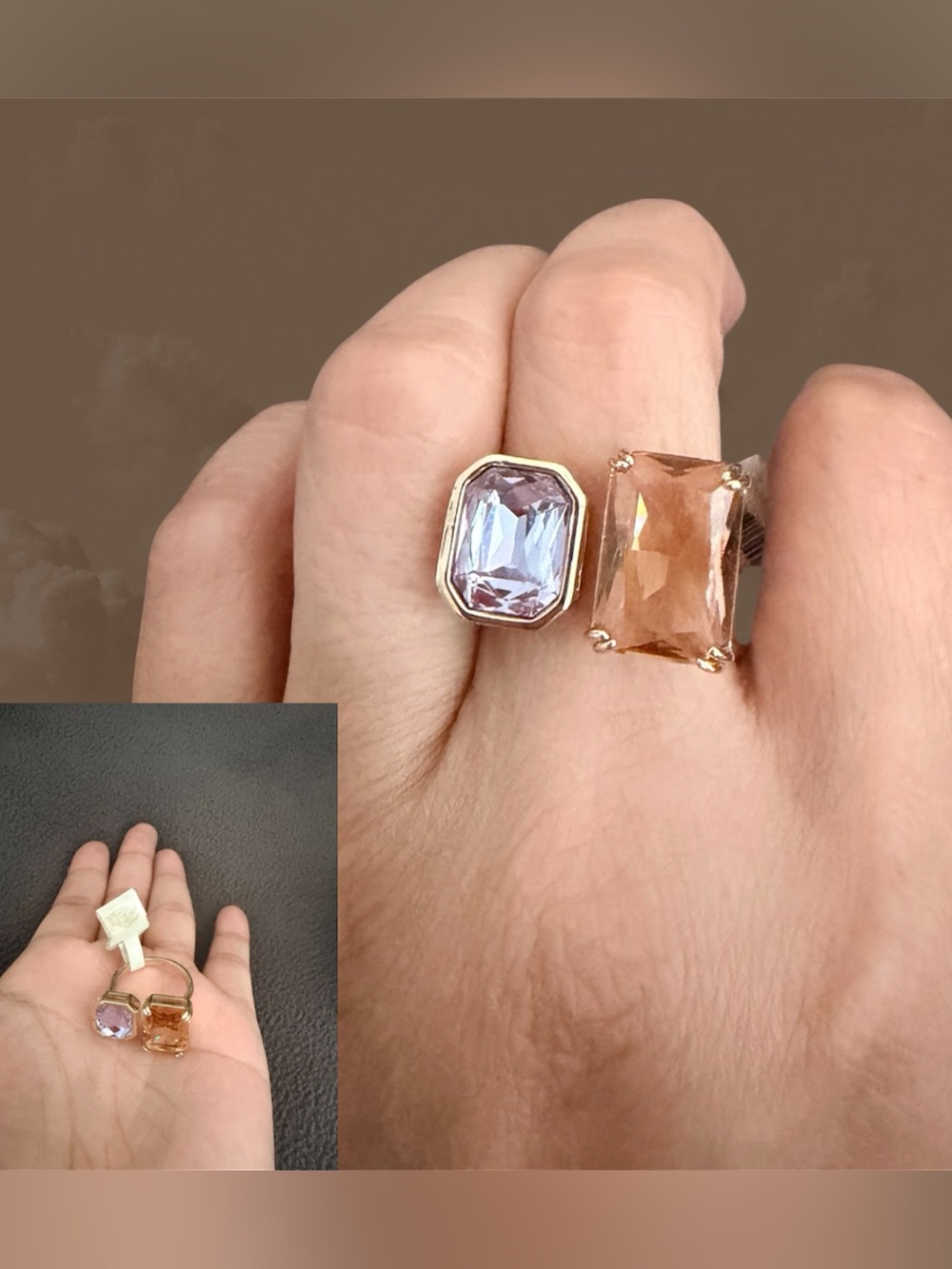 Gold Adjustable Ring with Lavender and Citrine Gemstones